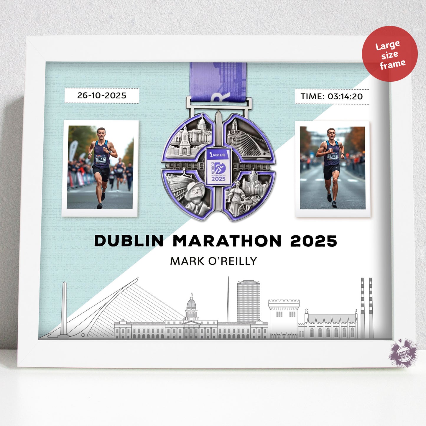 Dublin Marathon medal display frame frame, large size white frame, mint background