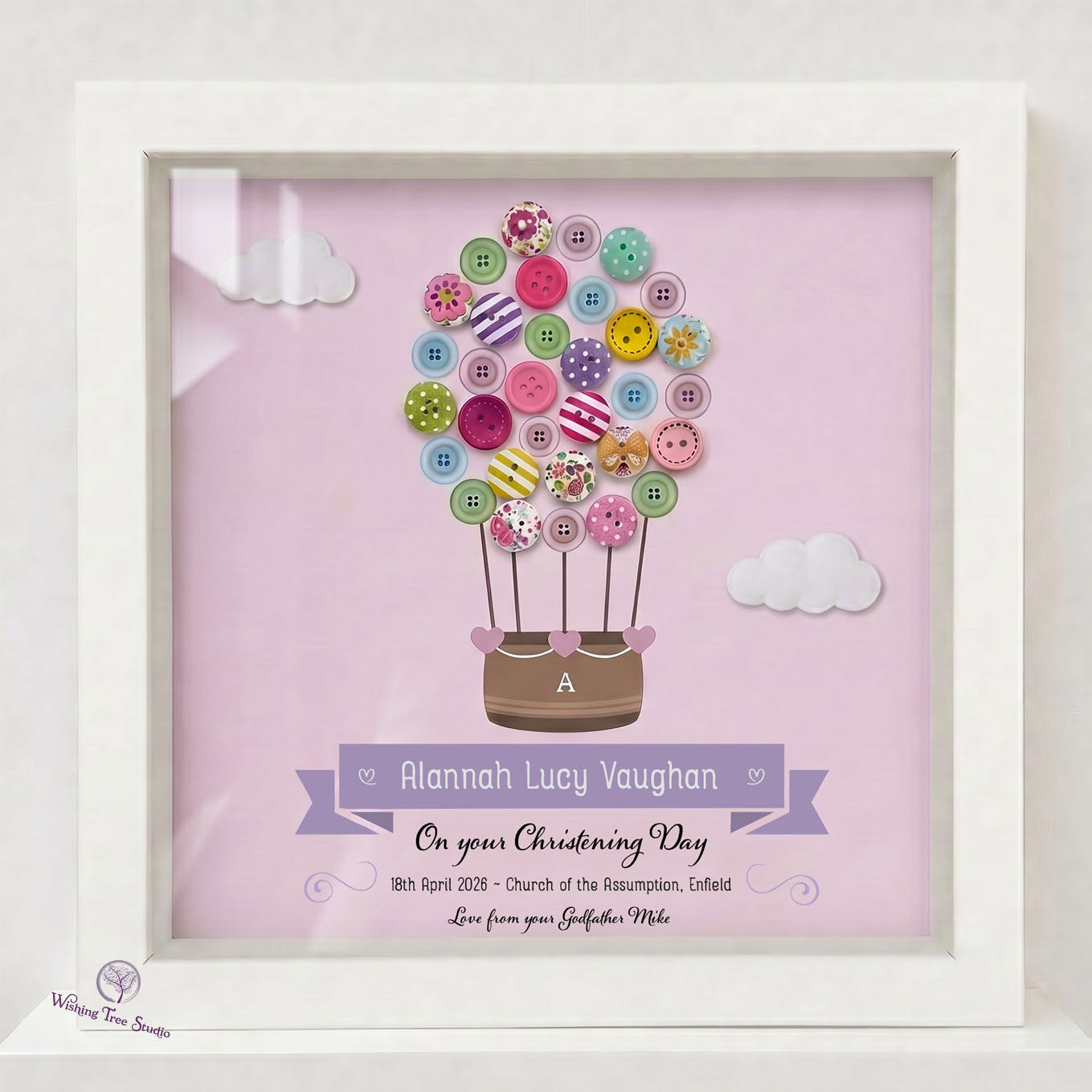 Personalised hot air balloon button frame for Christening - pink, handmade in Ireland
