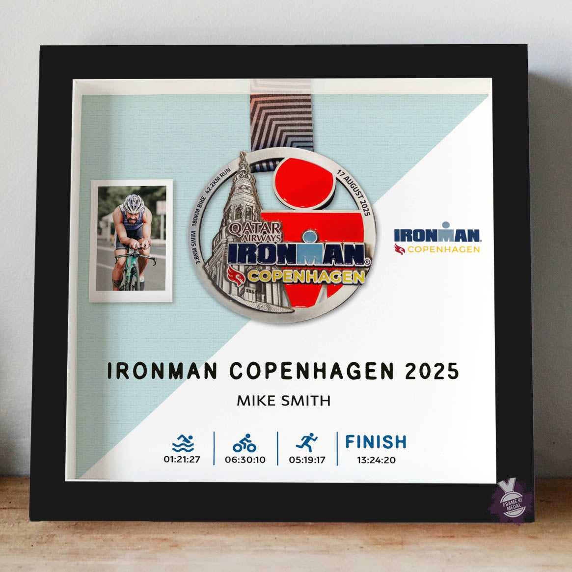 Ironman Copenhagen medal display frame in black frame with mint background