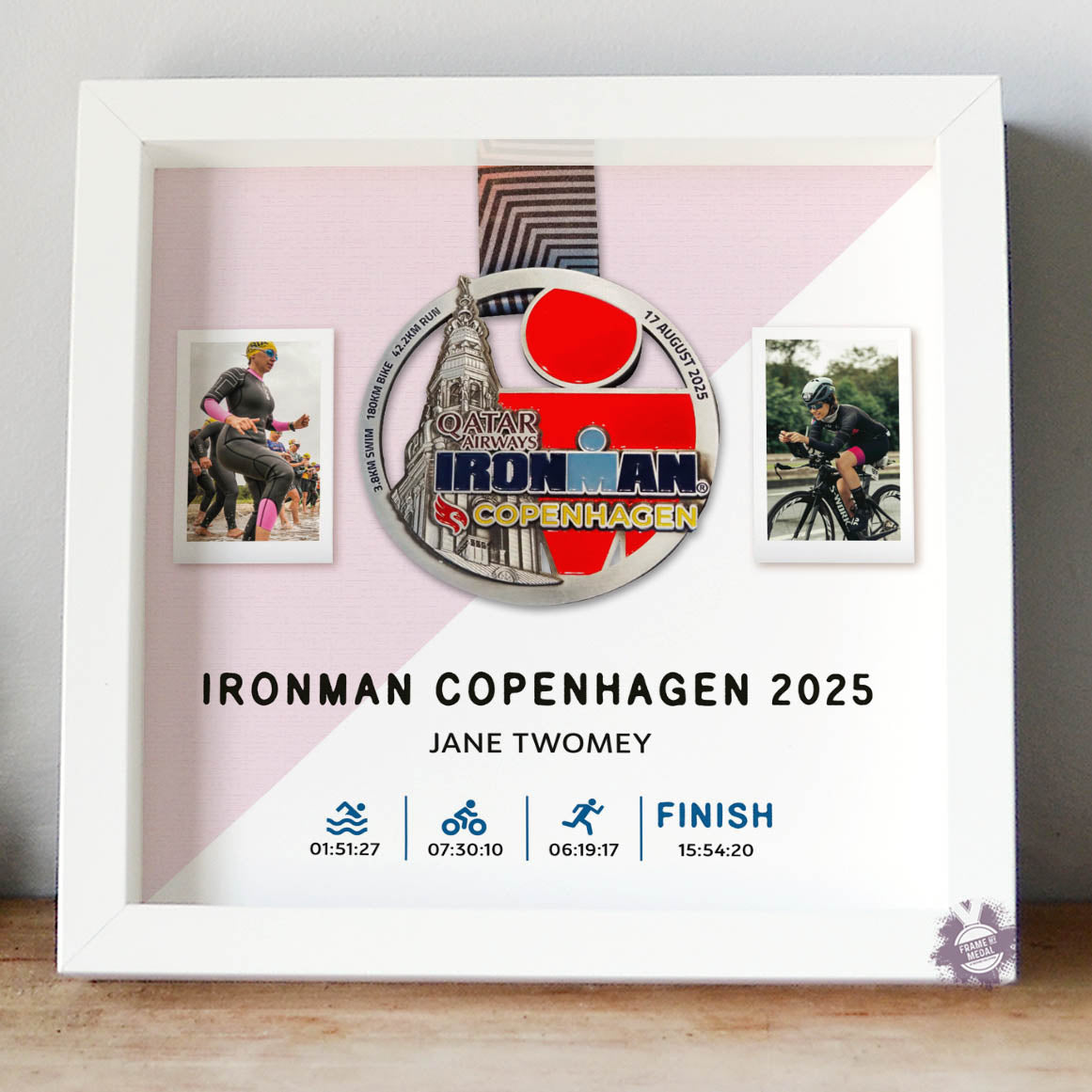 Ironman Copenhagen medal display frame in white frame pink background
