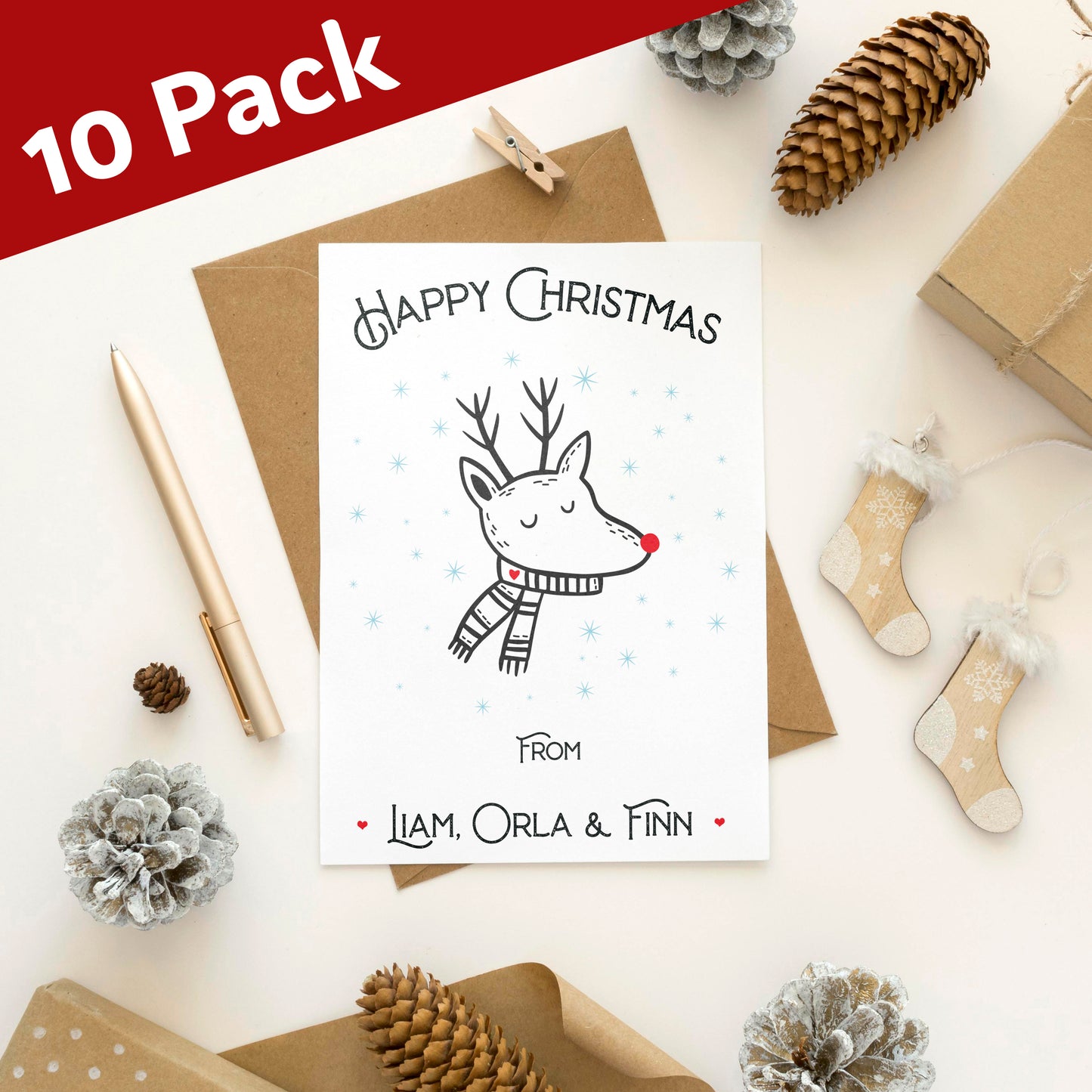Multipack of personalised Christmas cards, deer design