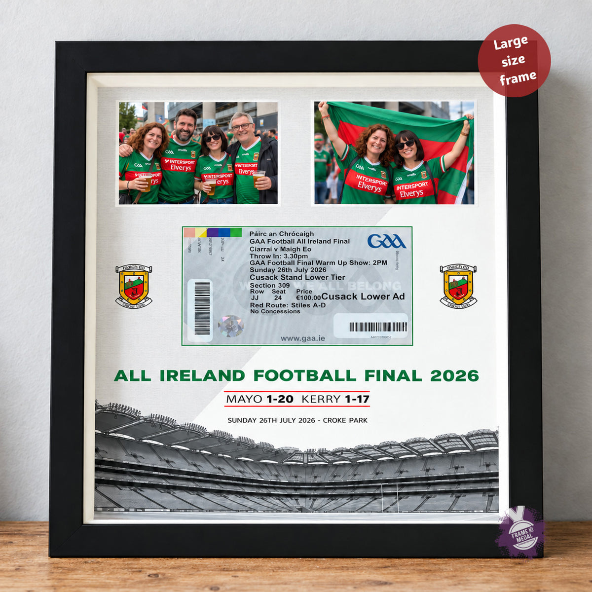 A framed custom All Ireland ticket display featuring a GAA Football All Ireland Final 2026 ticket, two player photos, team crests, and a stadium graphic, all enclosed in a large size black frame.