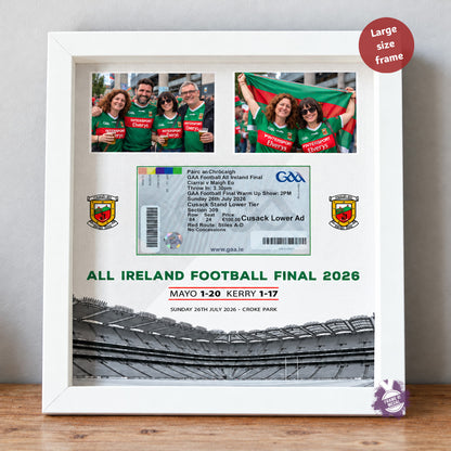A framed custom All Ireland ticket display featuring a GAA Football All Ireland Final 2026 ticket, two player photos, team crests, and a stadium graphic, all enclosed in a large size white frame.