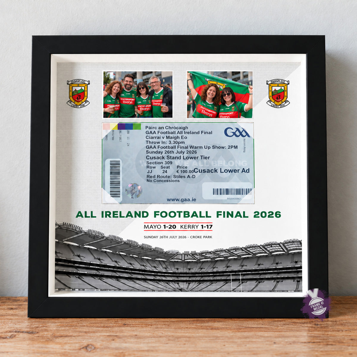 A framed custom All Ireland ticket display featuring a GAA Football All Ireland Final 2026 ticket, two player photos, team crests, and a stadium graphic, all enclosed in a regular size black frame.