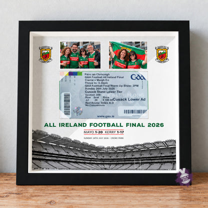 A framed custom All Ireland ticket display featuring a GAA Football All Ireland Final 2026 ticket, two player photos, team crests, and a stadium graphic, all enclosed in a regular size black frame.