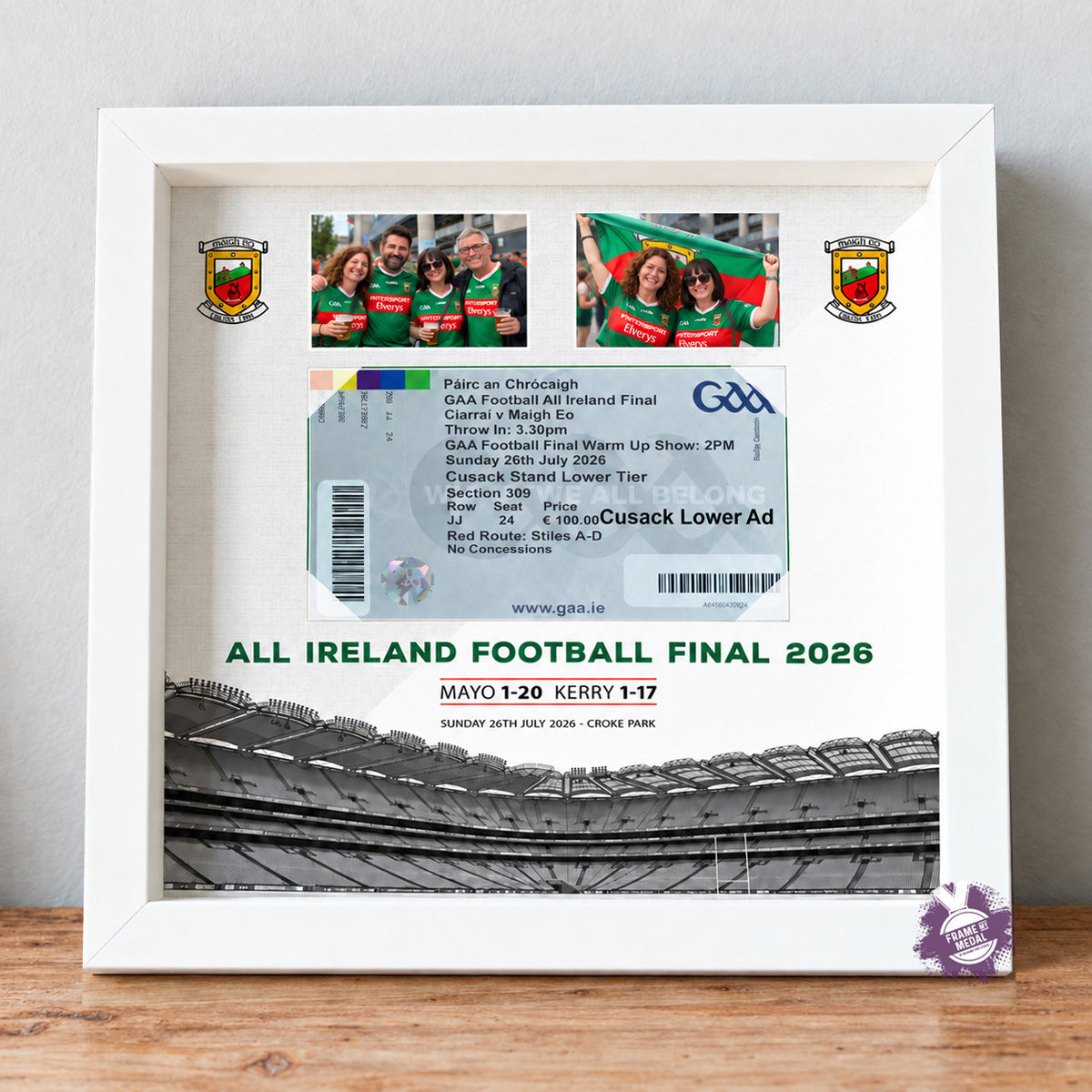 A framed custom All Ireland ticket display featuring a GAA Football All Ireland Final 2026 ticket, two player photos, team crests, and a stadium graphic, all enclosed in a regular size white frame.