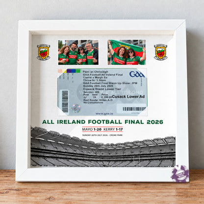 A framed custom All Ireland ticket display featuring a GAA Football All Ireland Final 2026 ticket, two player photos, team crests, and a stadium graphic, all enclosed in a regular size white frame.