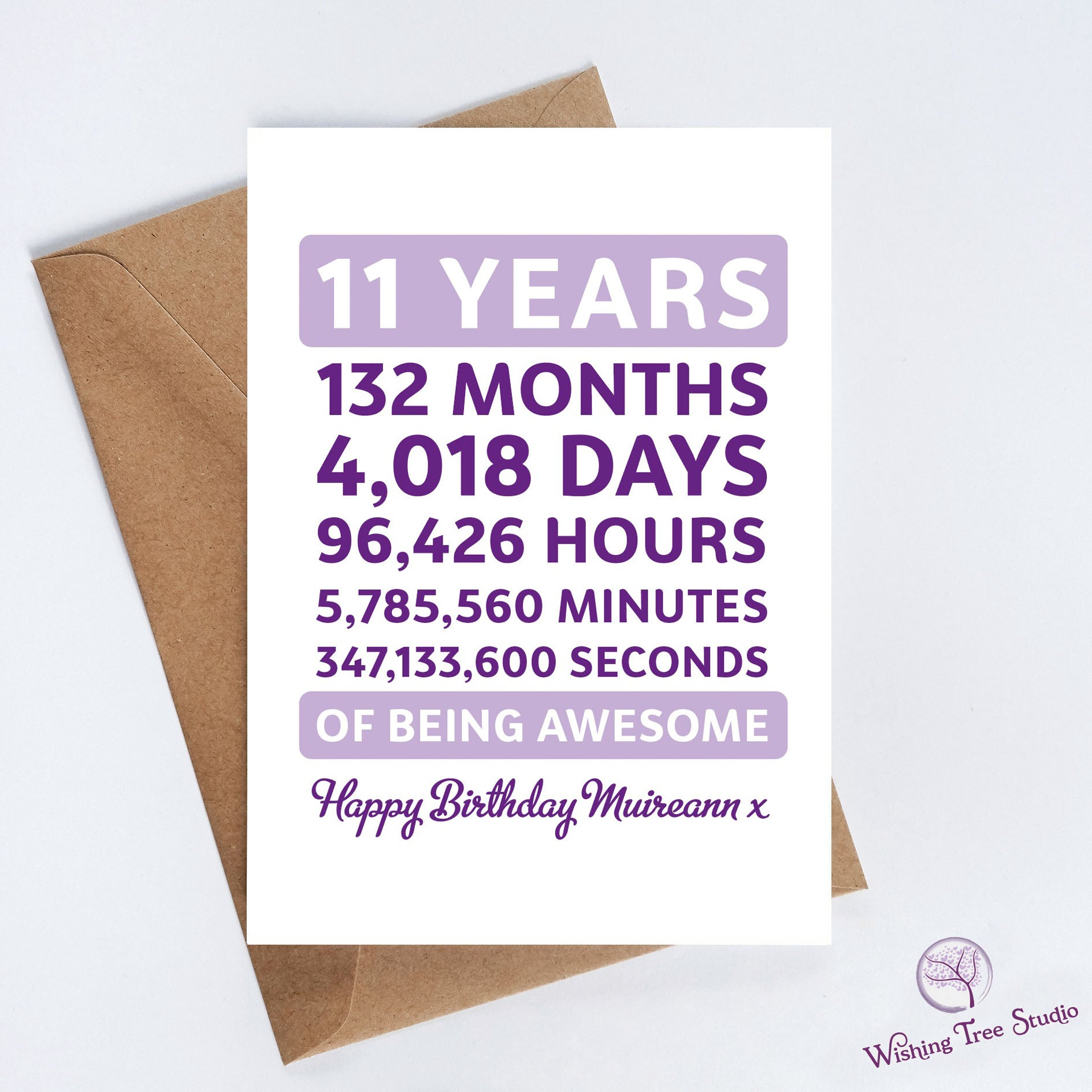 Birthday card with numerical calculations of time for 11 years