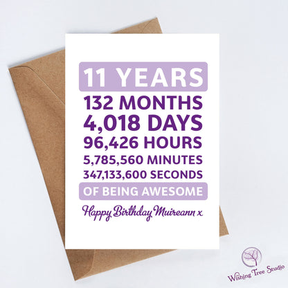 Birthday card with numerical calculations of time for 11 years
