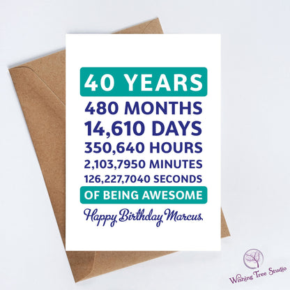 Birthday card with numerical calculations of time for 40 years