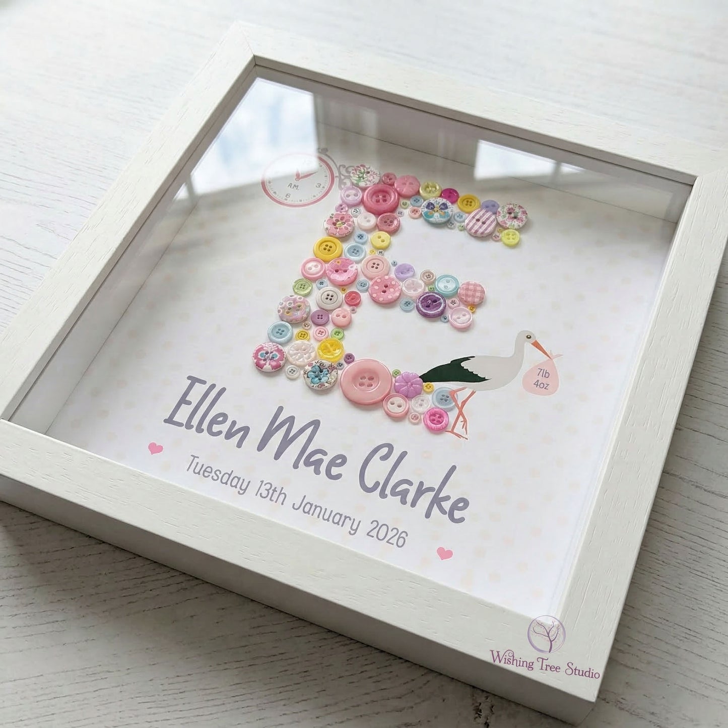 Button letter frame for new baby girl - up close