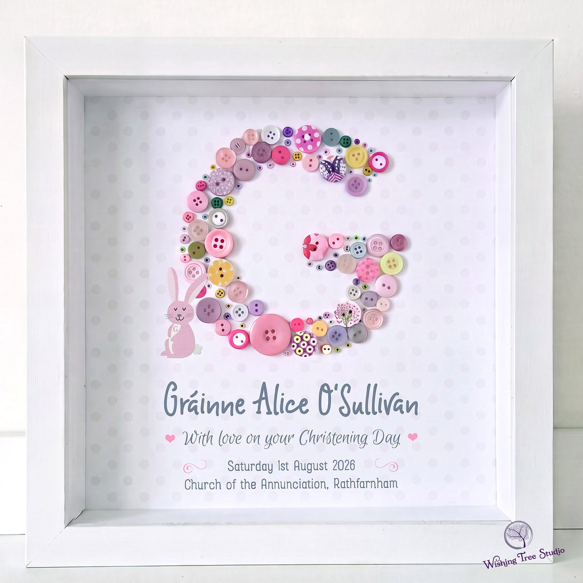 Button letter frame for baby girl Christening
