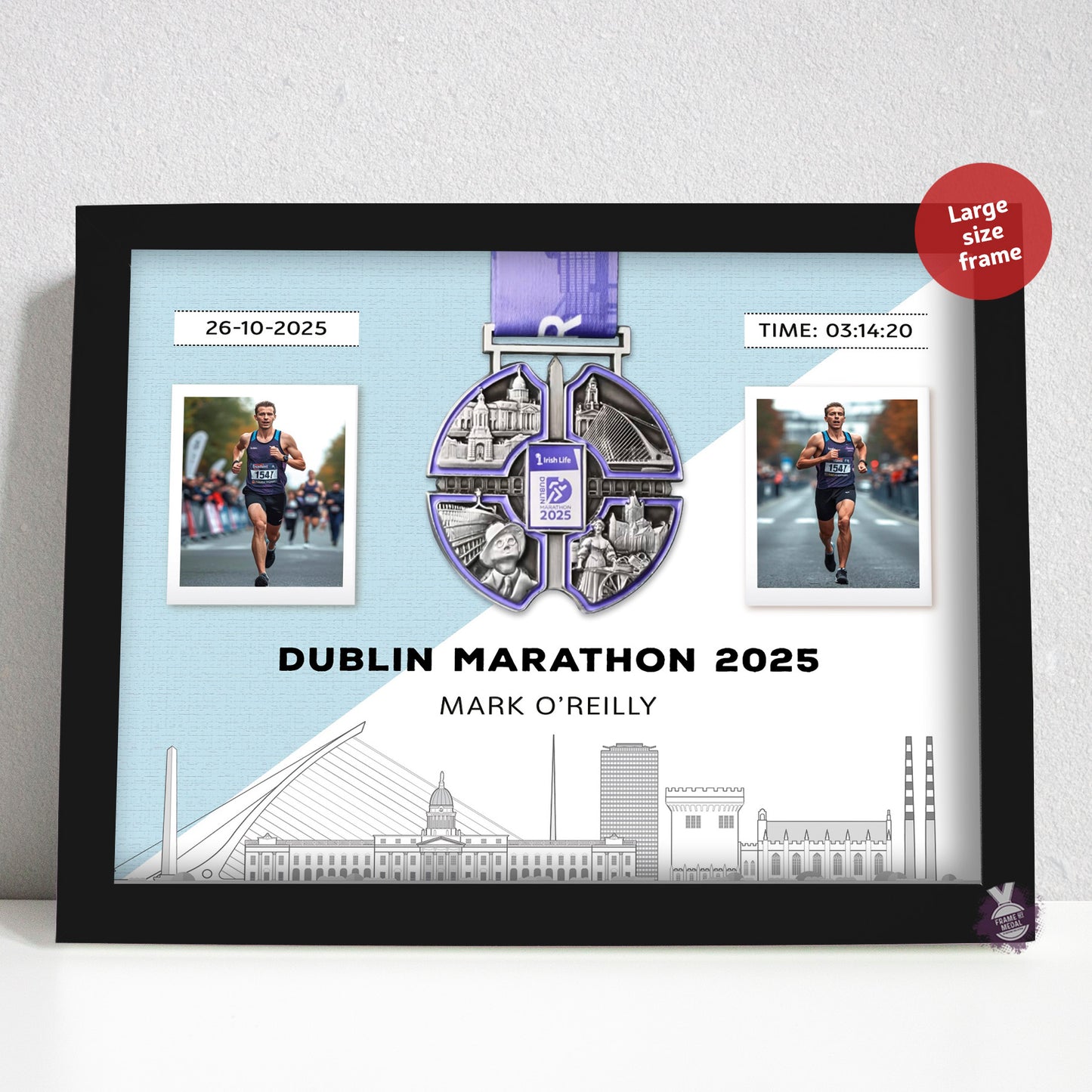 Dublin Marathon medal display frame frame, large size black frame, pale blue background