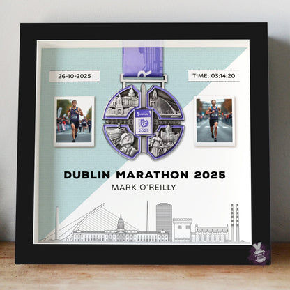 Dublin Marathon medal display frame frame, black frame, mint background