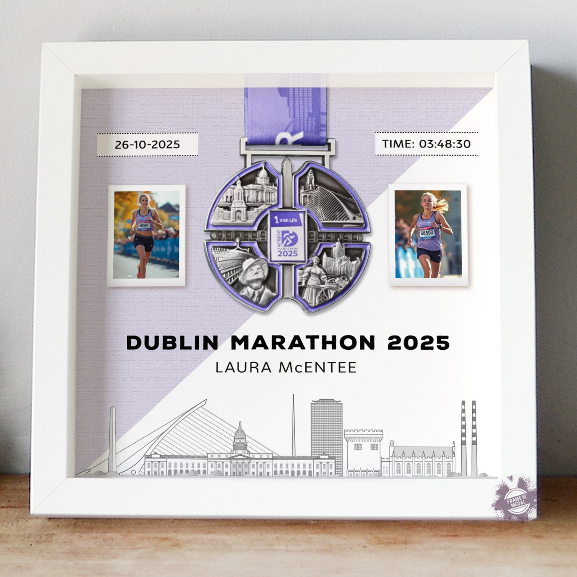Dublin Marathon medal display frame frame, white frame, lilac background