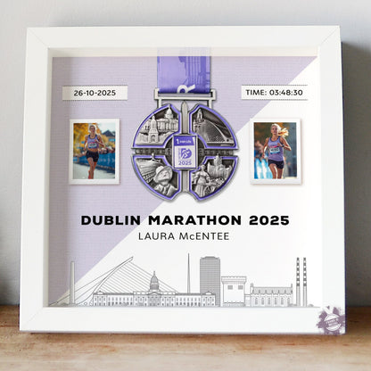 Dublin Marathon medal display frame frame, white frame, lilac background
