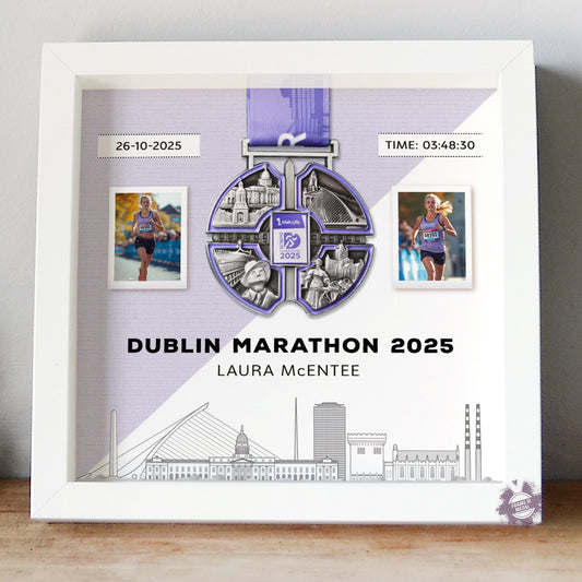 Dublin Marathon medal display frame frame, white frame, lilac background