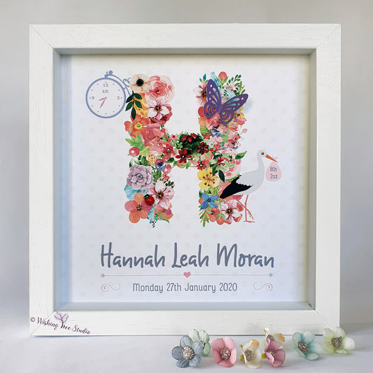 Floral Letter New Baby frame, personalised baby frame