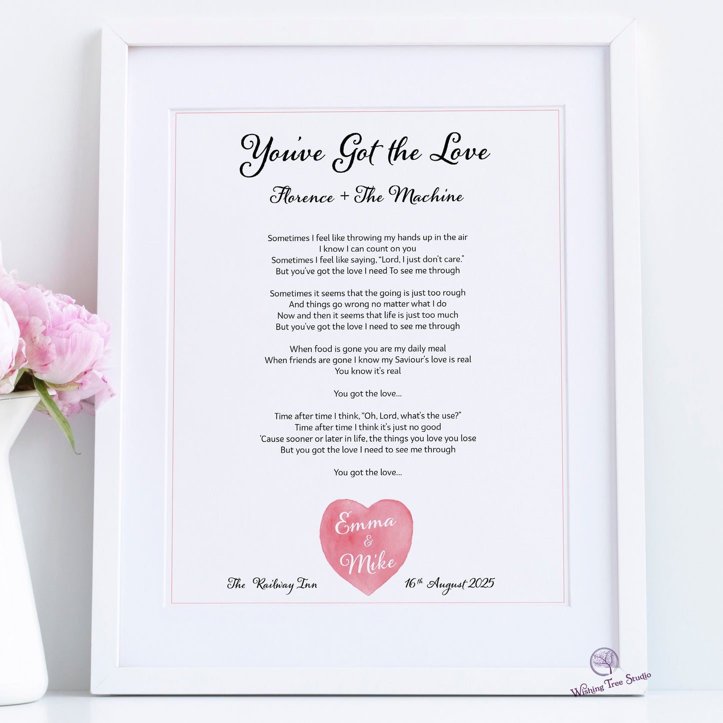 Framed song lyrics for wedding gift