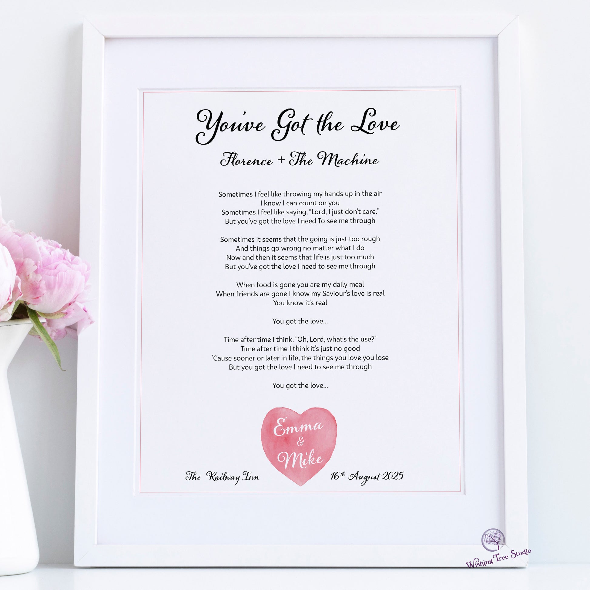 Framed song lyrics for wedding gift