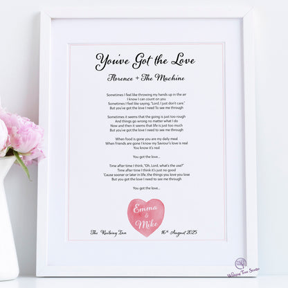 Framed song lyrics for wedding gift