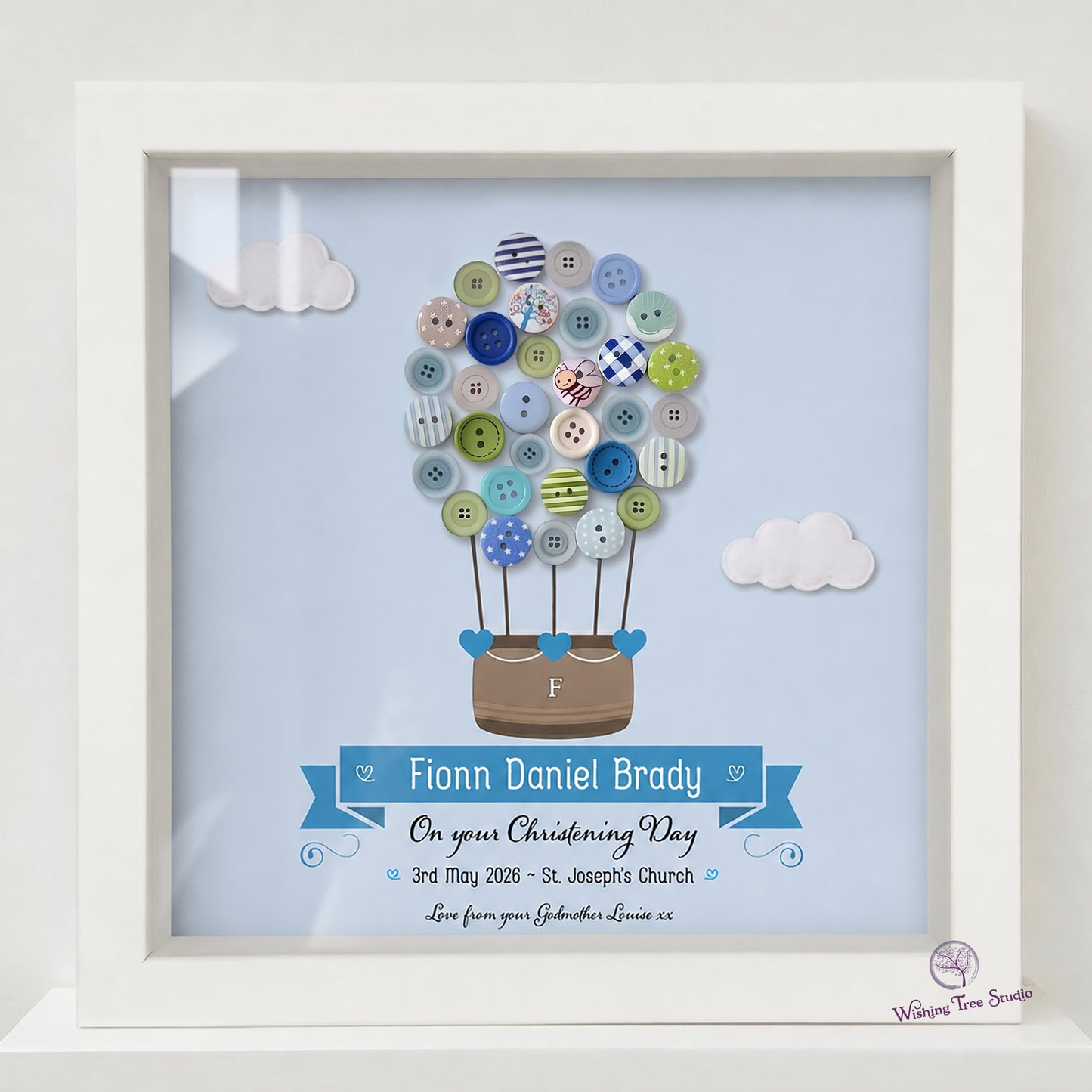 Personalised hot air balloon button frame for Christening - blue, handmade in Ireland
