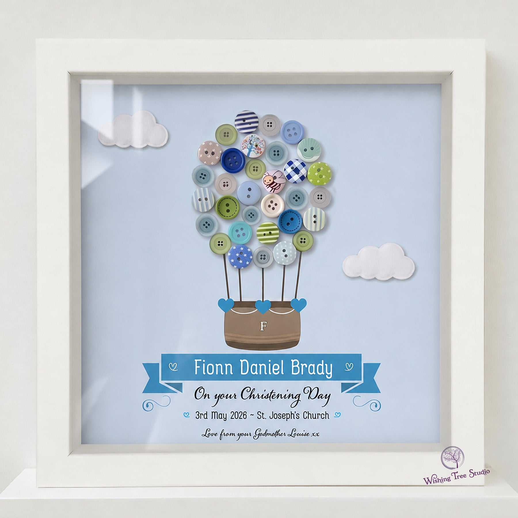 Personalised hot air balloon button frame for Christening - blue, handmade in Ireland
