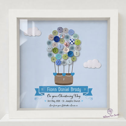 Personalised hot air balloon button frame for Christening - blue, handmade in Ireland