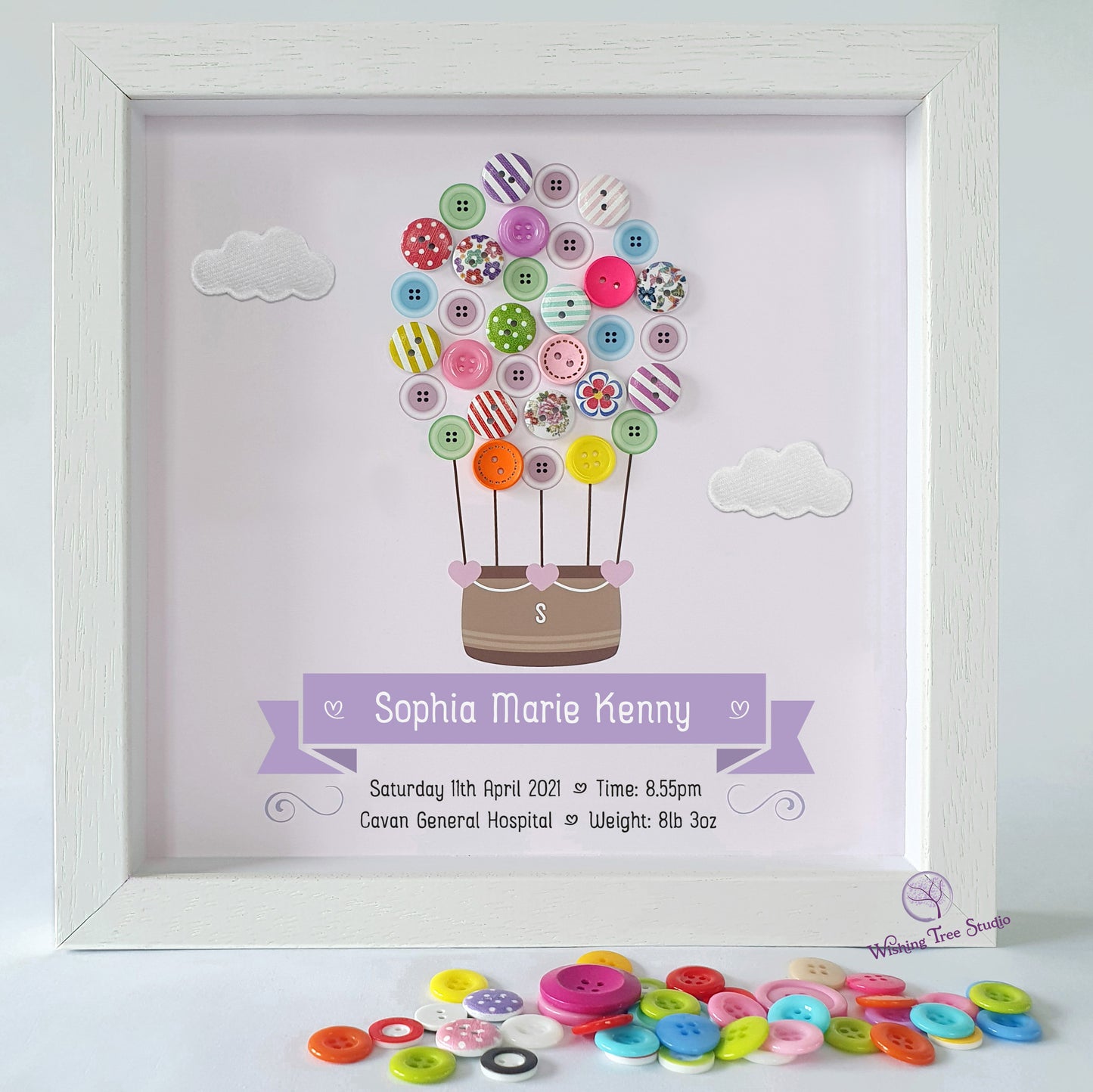 Hot Air Balloon button frame for baby girl