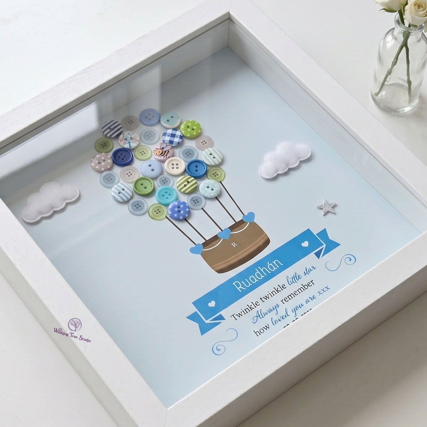 Personalised Hot Air Balloon button frame for infant loss - detail