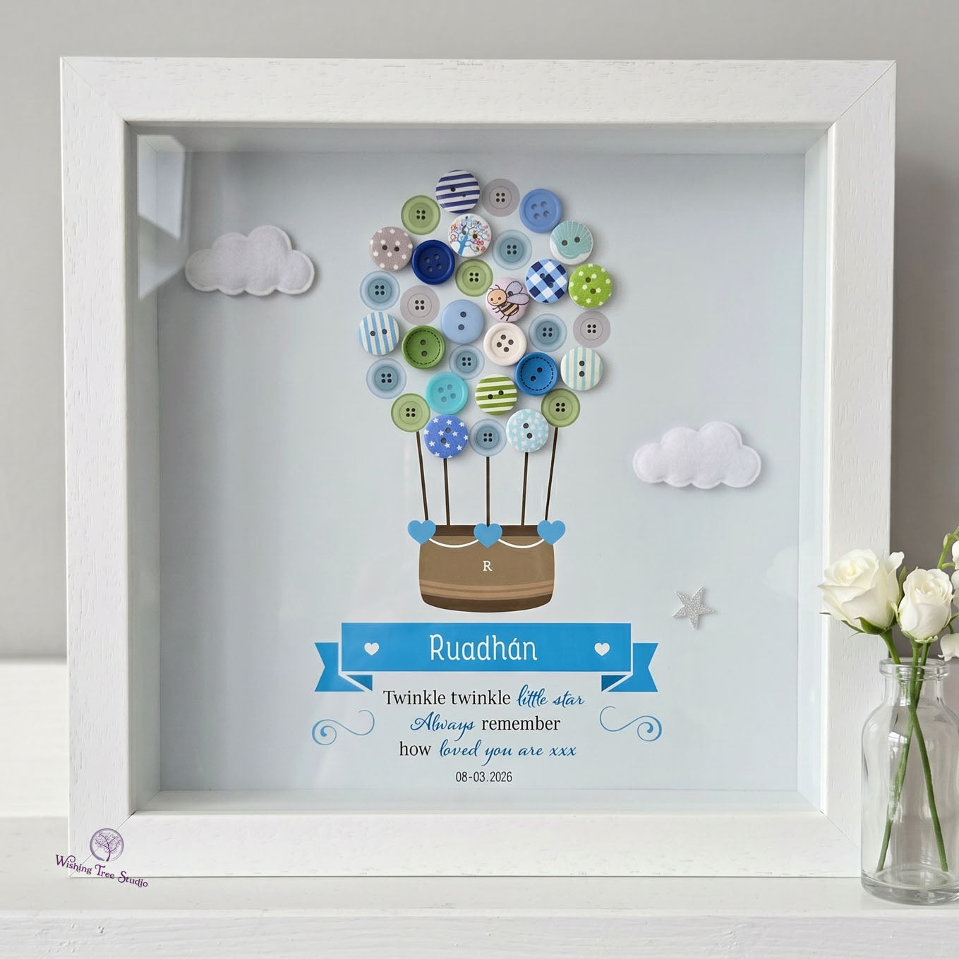 Personalised Hot Air Balloon button frame for infant loss - boy