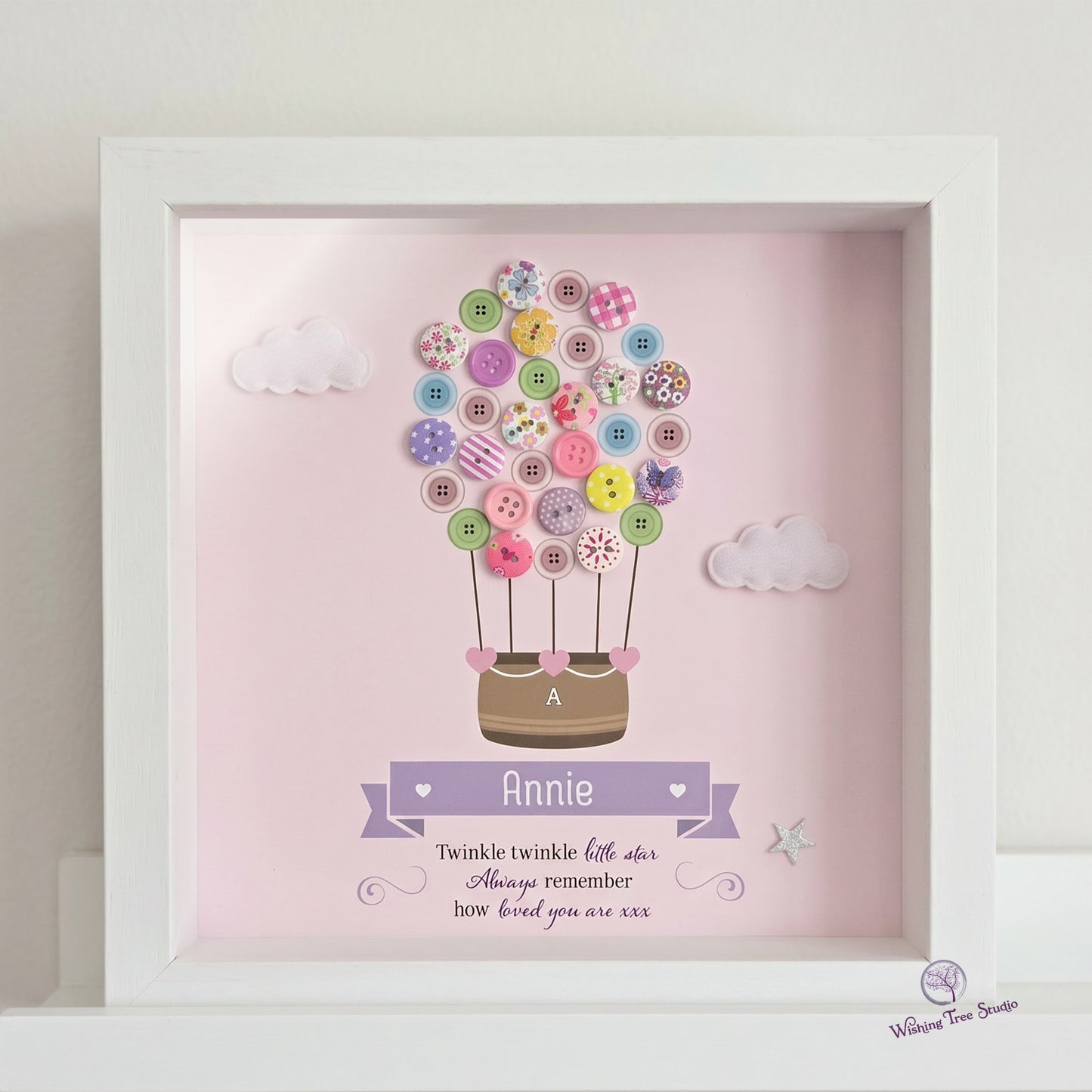 Personalised Hot Air Balloon button frame for infant loss - girl