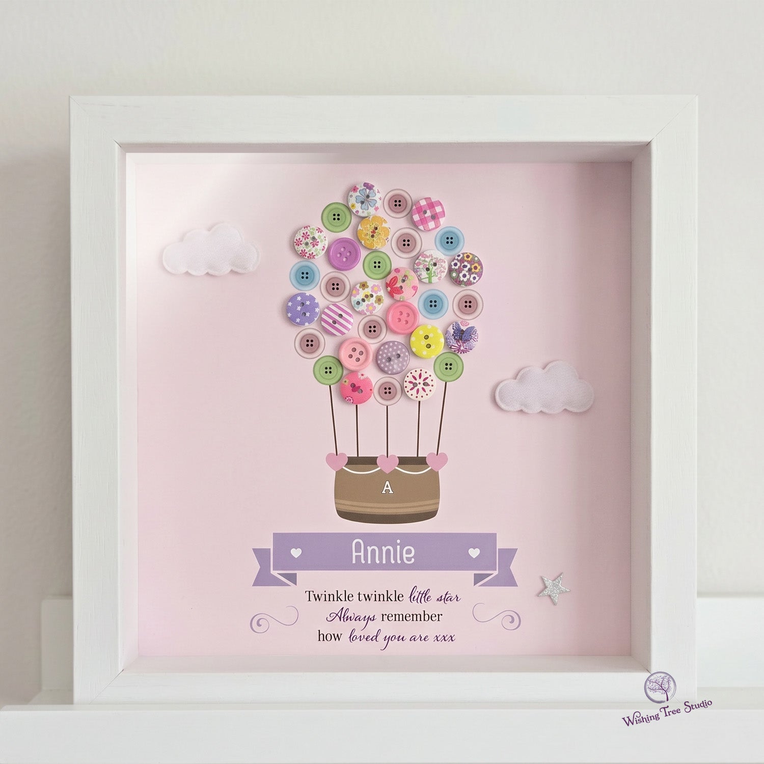 Personalised Hot Air Balloon button frame for infant loss - girl
