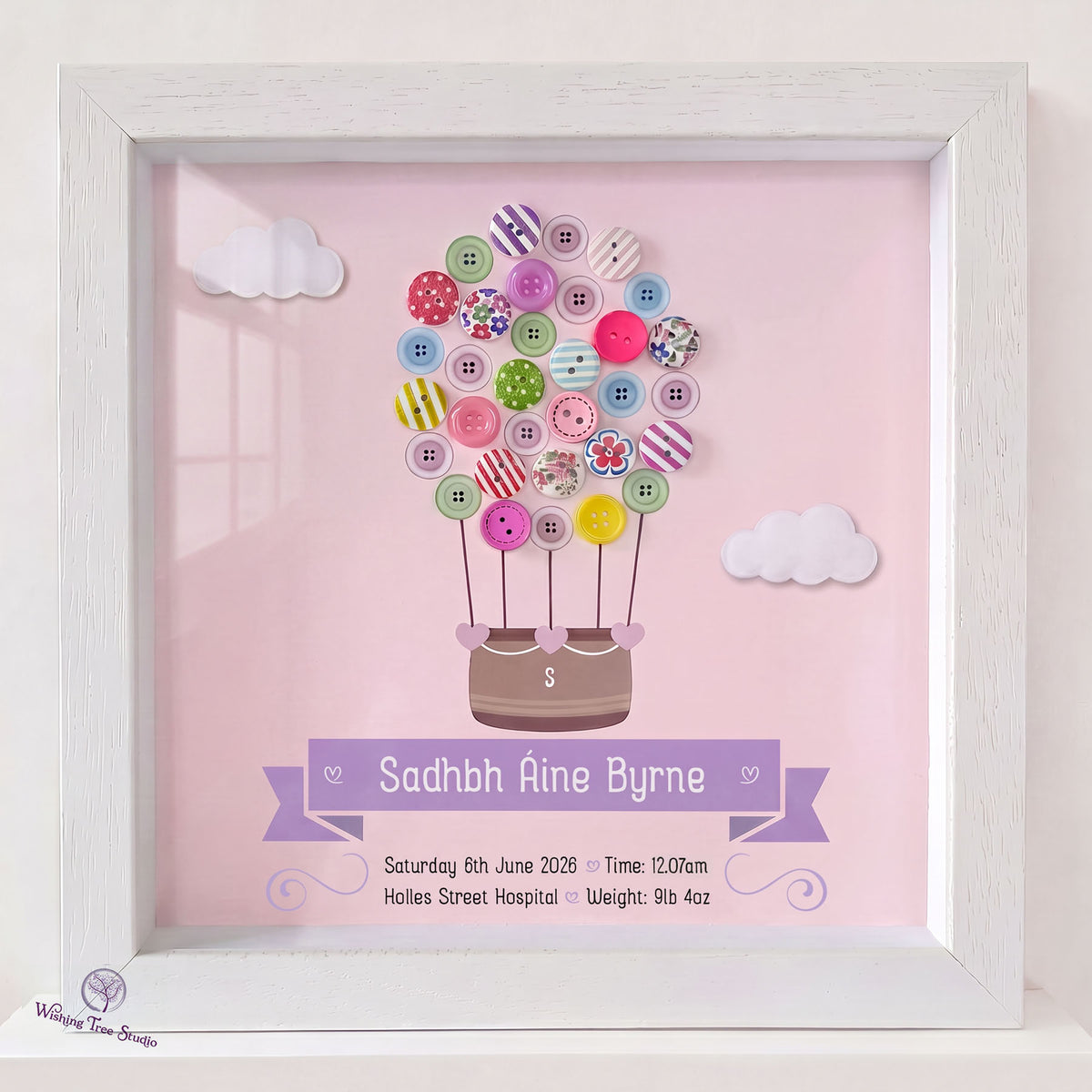 Hot Air Balloon button frame for new baby girl