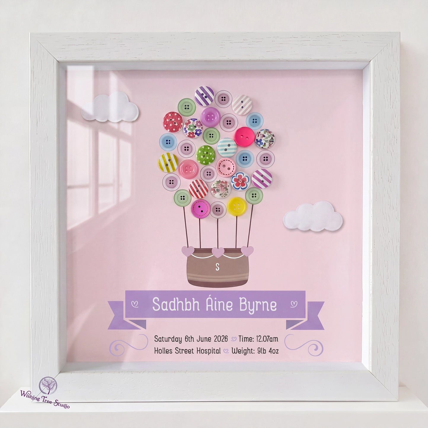 Hot Air Balloon button frame for new baby girl