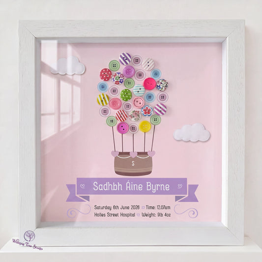 Hot Air Balloon button frame for new baby girl