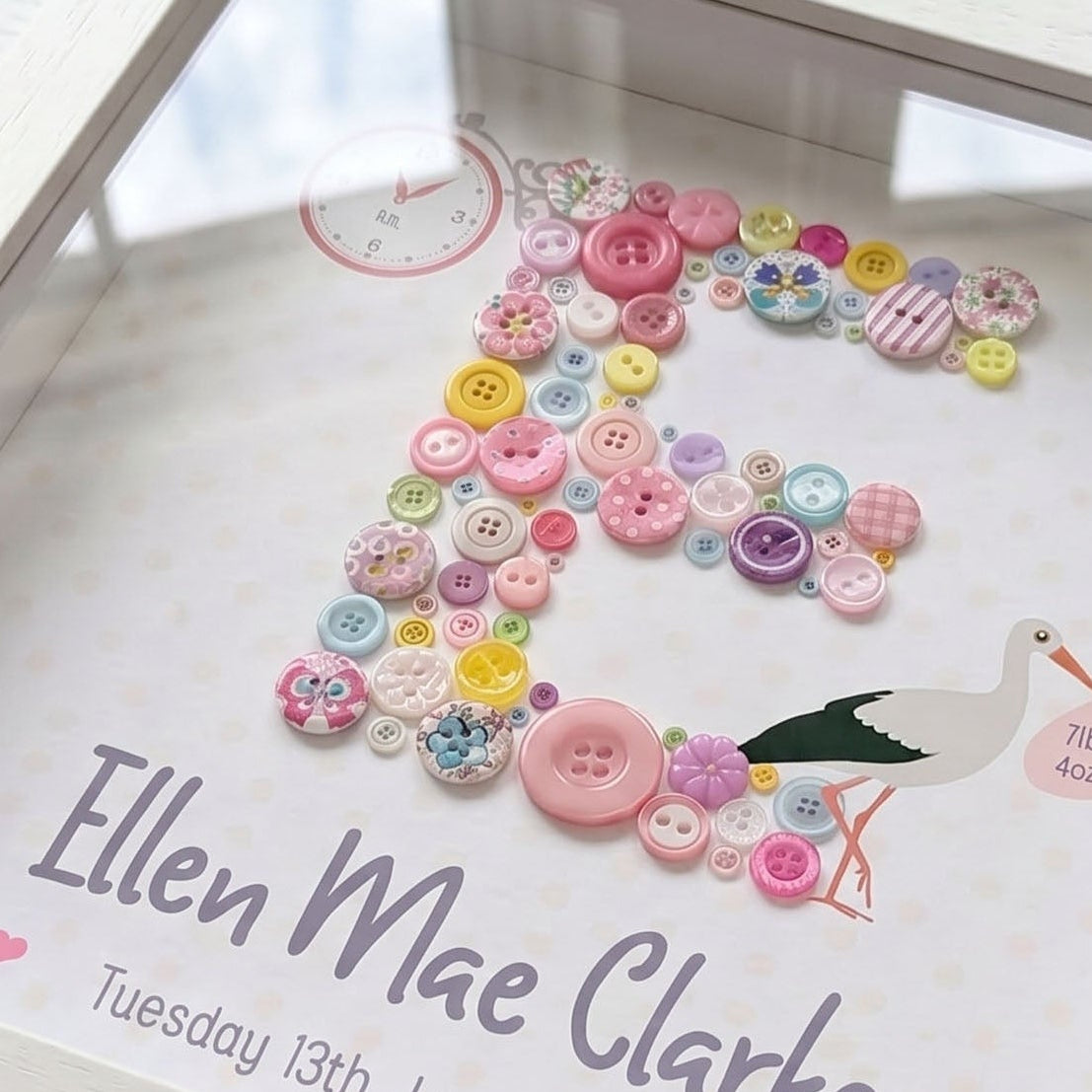 Button letter frame for new baby girl Ireland - detail