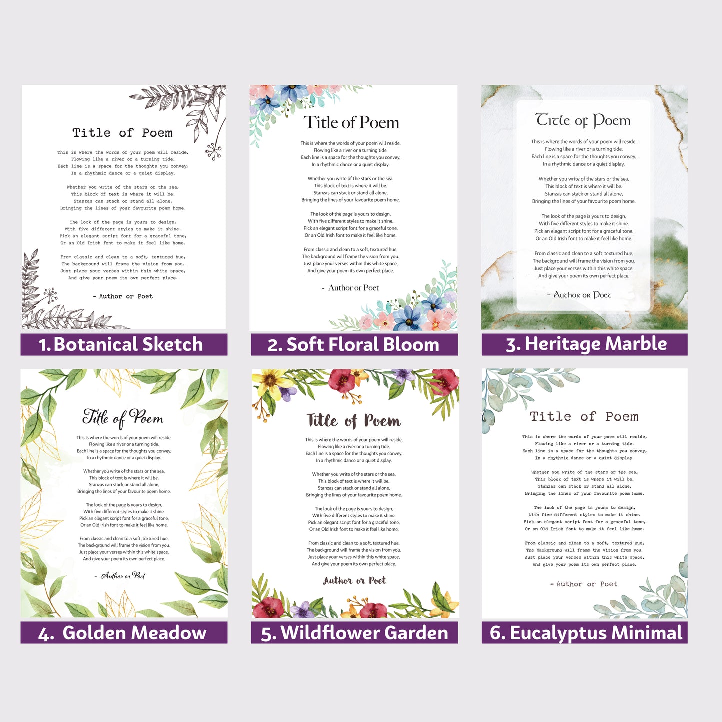 Frame a poem - 6 elegant backgrounds to choose from