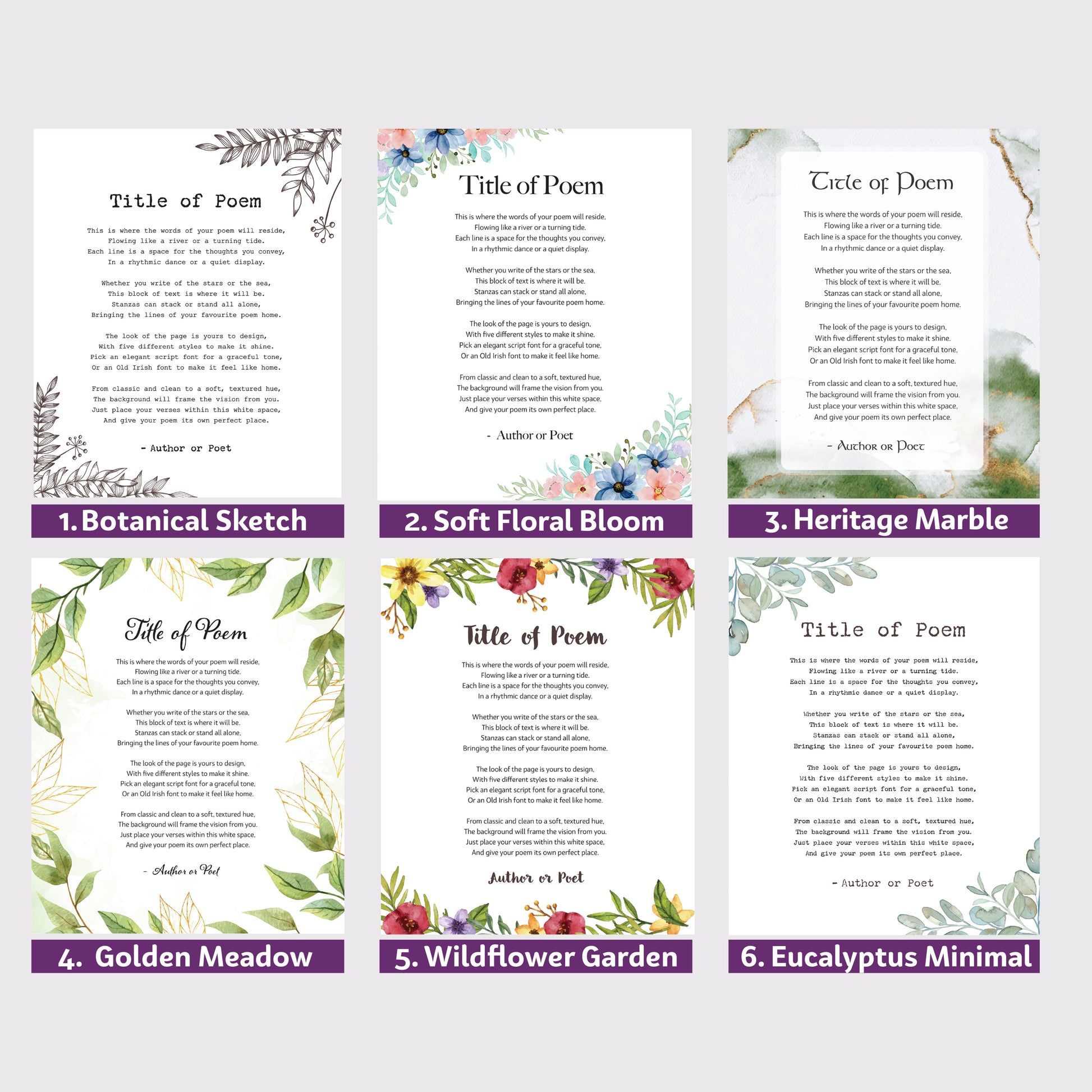 Frame a poem - 6 elegant backgrounds to choose from
