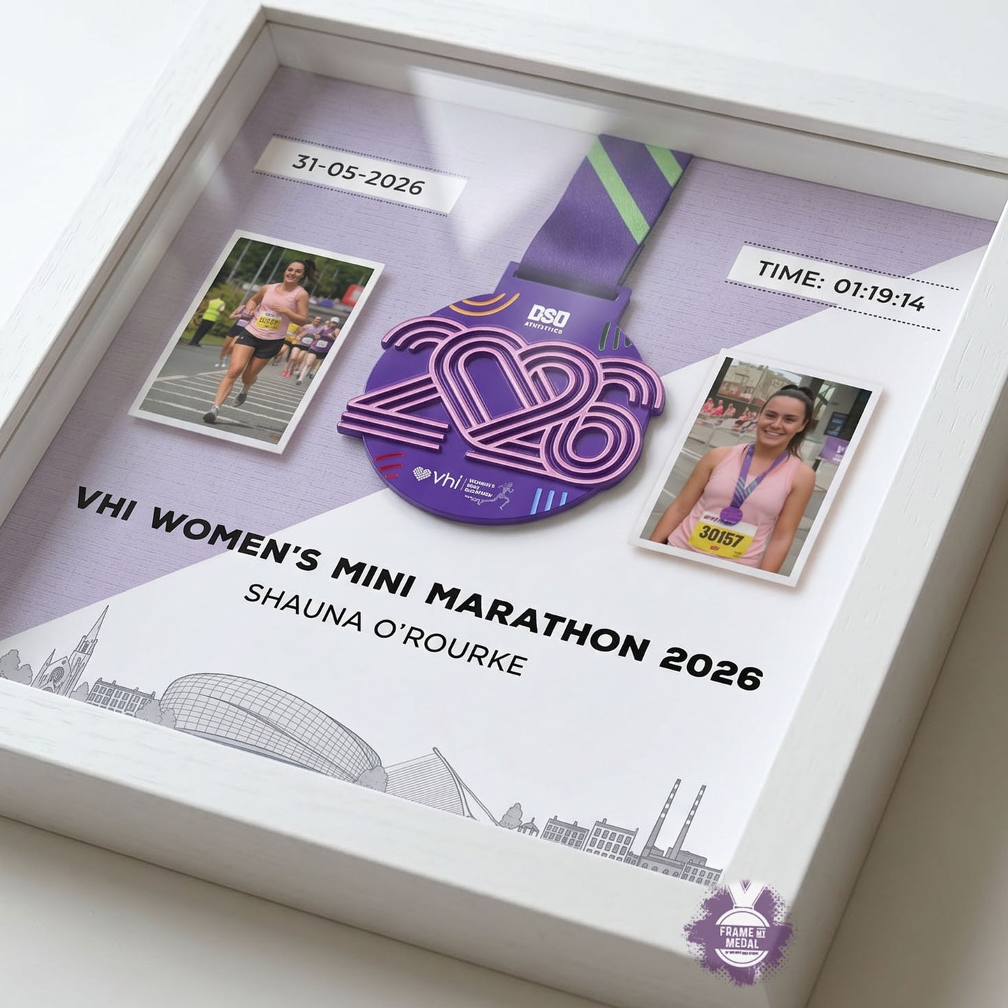 VHI women's mini marathon medal frame 2026 - detail