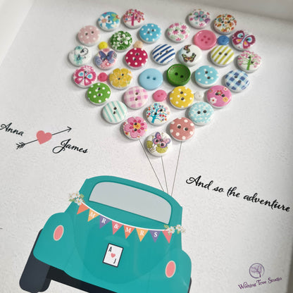 Vintage car with buttons and bunting wedding frame
