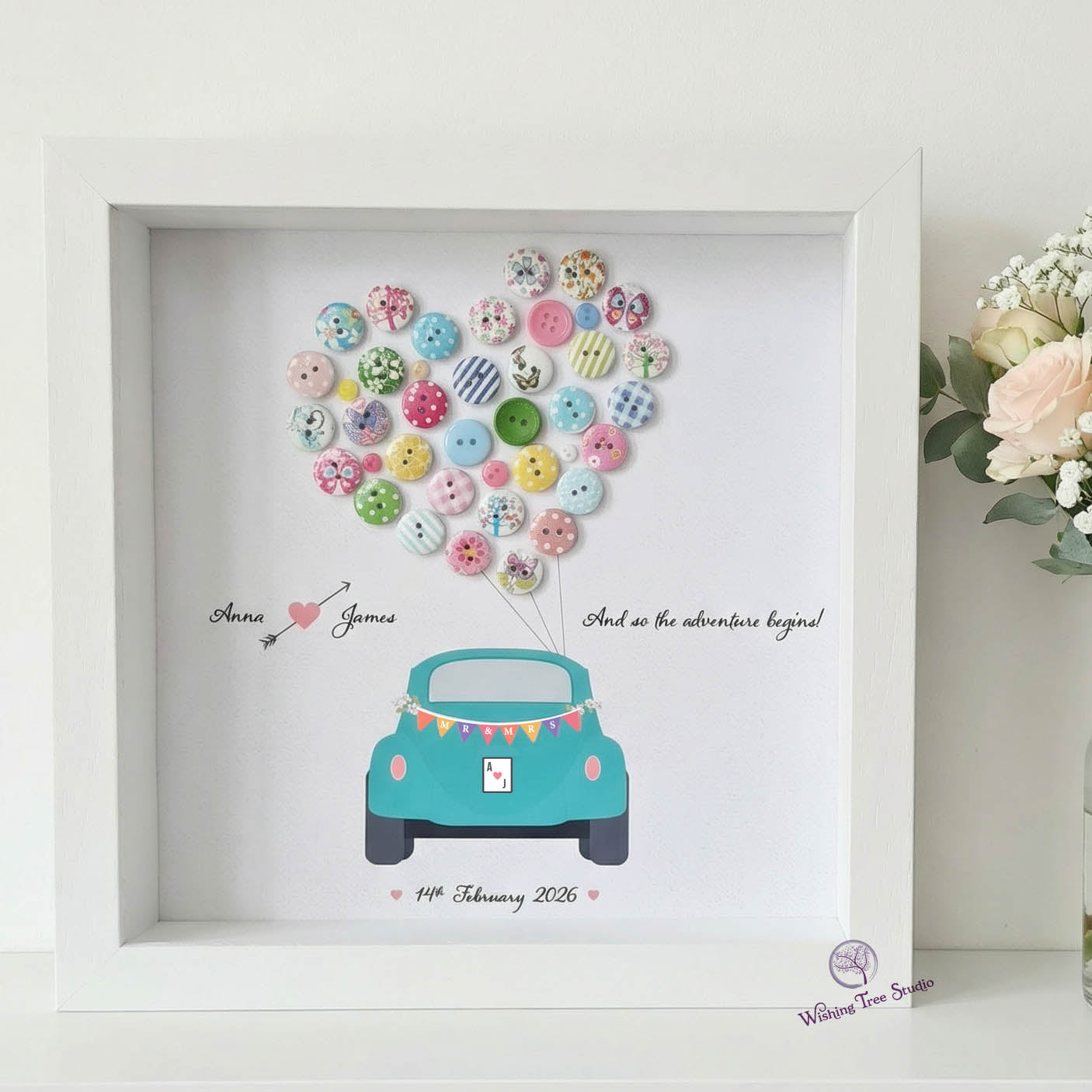 Vintage car with buttons and bunting wedding frame