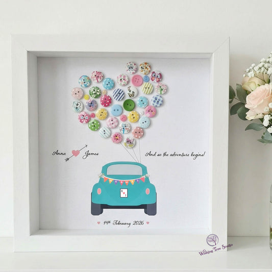 Vintage car with buttons and bunting wedding frame
