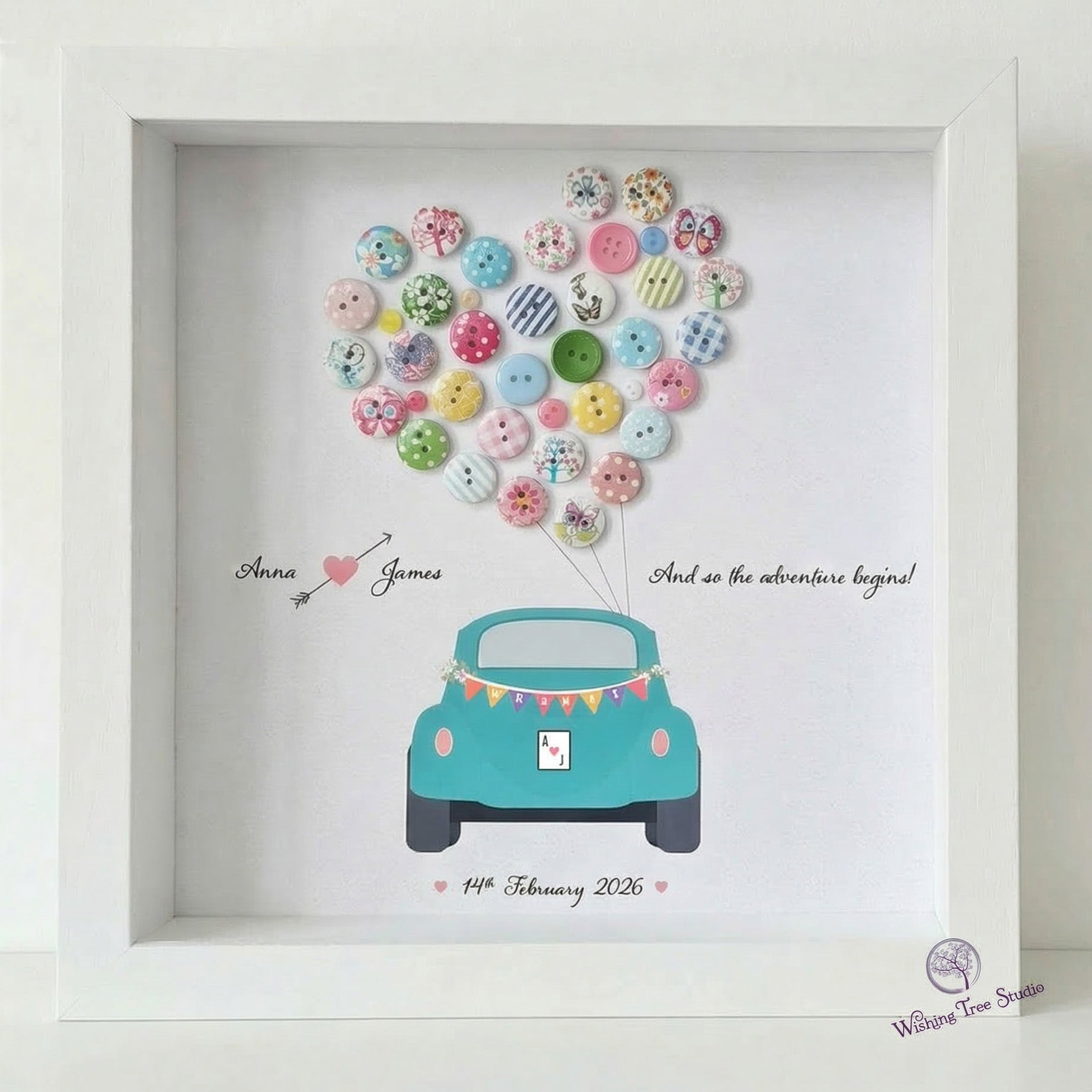 Vintage Car personalised frame with buttons for wedding, engagement or anniversary