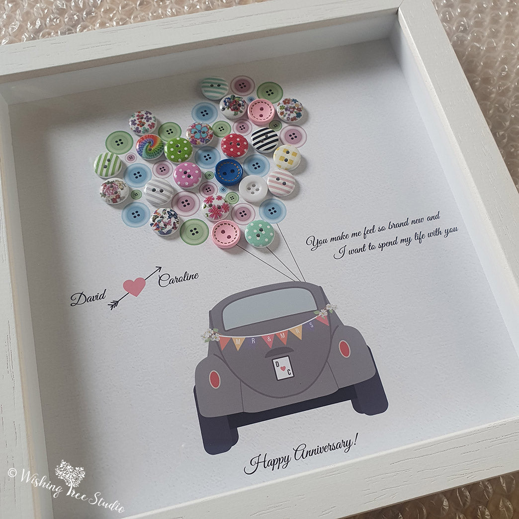 Vintage car with buttons and bunting wedding frame