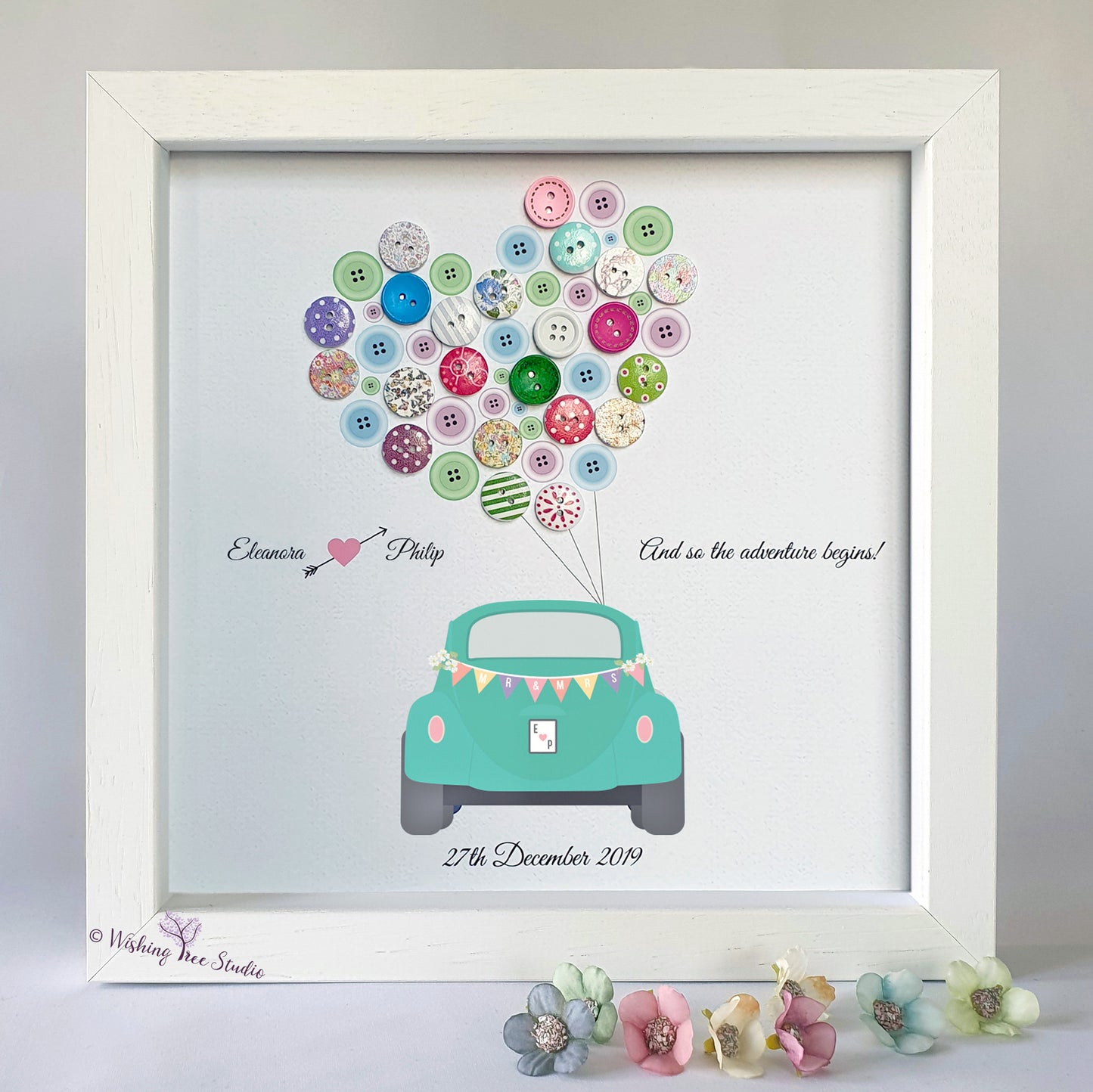 Vintage car with buttons and bunting wedding frame