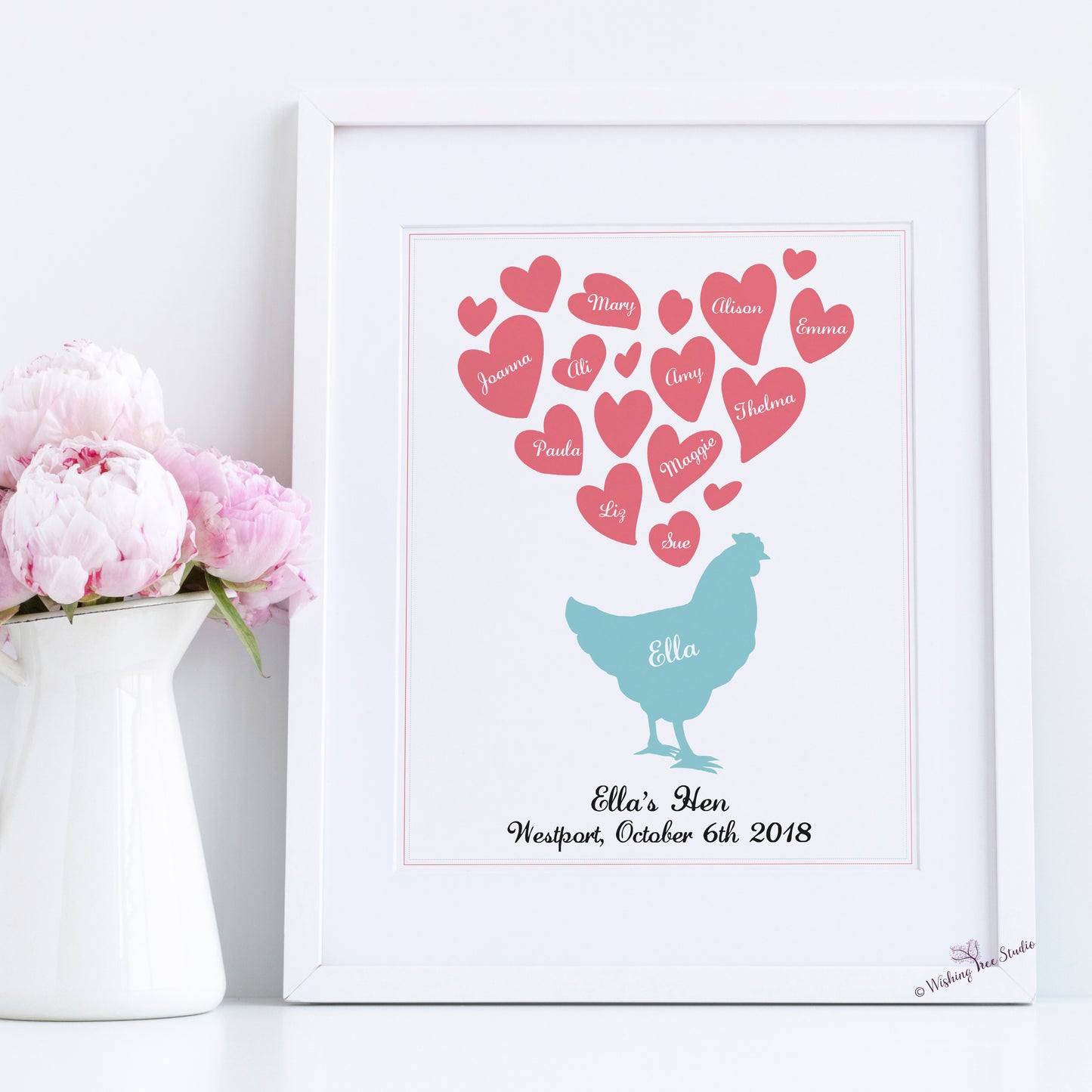 Hen and hearts - aqua and coral